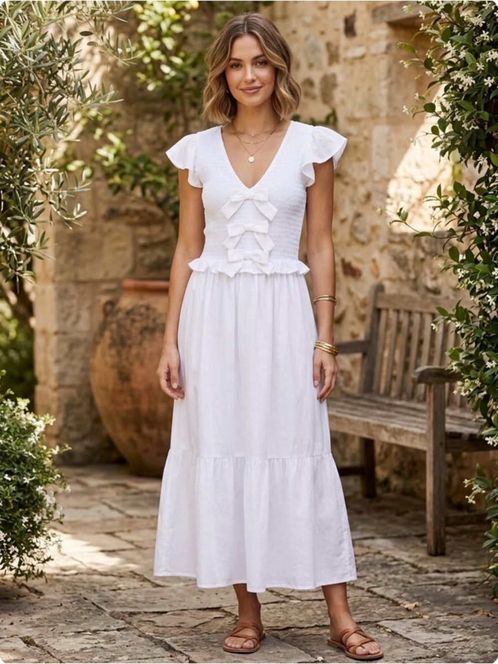 Blu Pepper White Ruffle Bow-Front Midi Dress